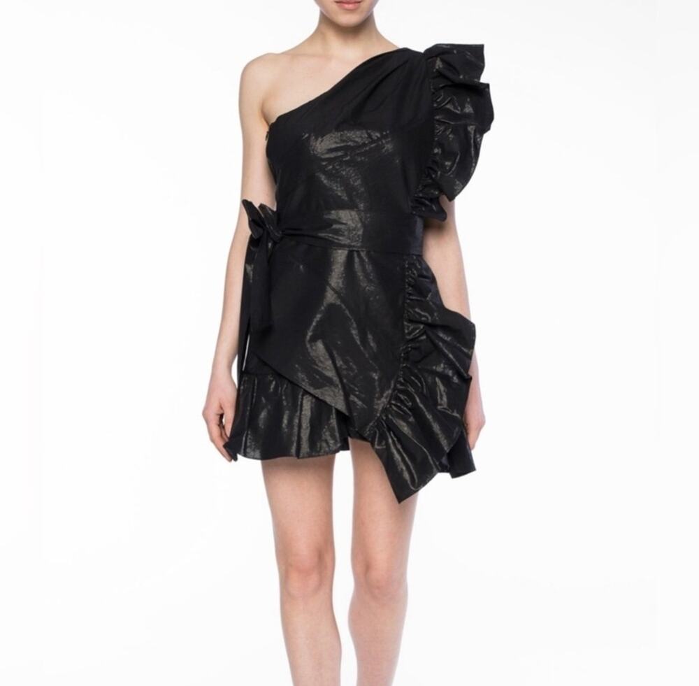 Isabel Marant Black One Shoulder Belted Assymetrical Ruffle Mini Dress Size 34